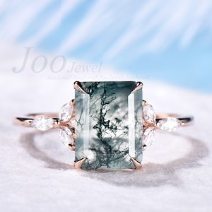 Green moss agate ring unique vintage 7x9mm emerald cut moss agate engagement ring art deco flower marquise moissanite ring rose gold silver