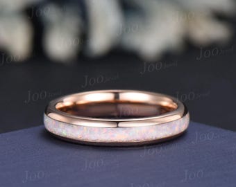 4mm Rose Gold White Opal Wedding Band for Women Dainty Minimalist Opal Promise Ring Comfort Fit No-Fading Opal Stacking Full Eternity Band