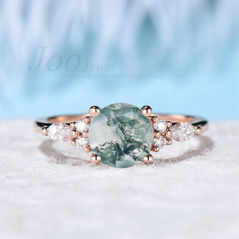 1.5ct Oval Natural Green Moss Agate Engagement Ring Rose Gold Cluster Aquatic Agate Promise Ring Woman Marquise Cut CZ Diamond Wedding Ring Round Cut