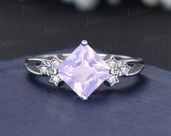 7mm Princess Cut Natural Lavender Amethyst Diamond Engagement Ring 14K White Gold Cluster Amethyst Star Wedding Ring Split Shank Band Women