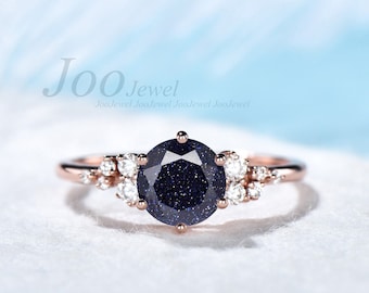 Rose Gold Galaxy Blue Sandstone Ring 1ct Round Cut Wedding Gemstone Jewelry Vintage Cluster Engagement Ring Personalized Gift for Her Women