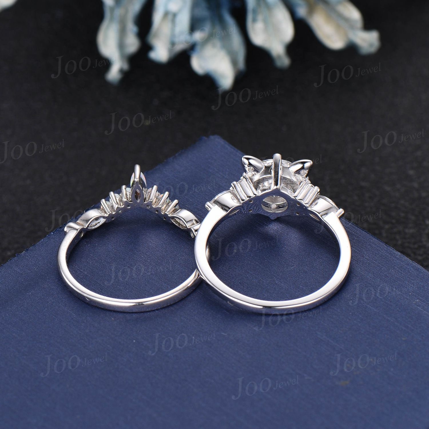 Cat Cut Engagement Ring Set Meme Sterling Silver Round Moonstone Opal ...