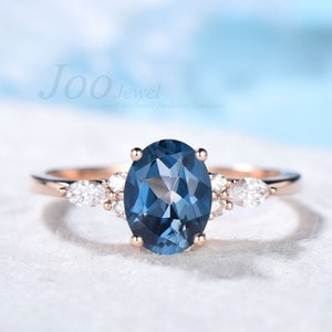 Oval Nature London Blue Topaz Ring Sterling Rose Gold Genuine Topaz Cluster Promise Ring December Birthstone 4th Anniversary Gift for Women