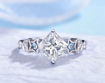 7mm Princess Cut Moissanite Wedding Ring Unique Moon Star Band 14K White Gold Alexandrite Diamond Celestial Wedding Ring Art Deco Ring Women