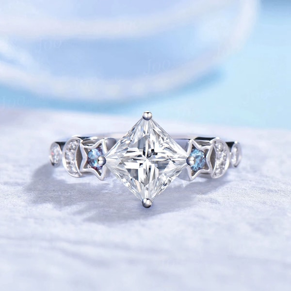 7mm Princess Cut Moissanite Wedding Ring Unique Moon Star Band 14K White Gold Alexandrite Diamond Celestial Wedding Ring Art Deco Ring Women