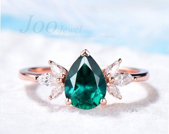 Emerald Ring Pear Green Gemstone Ring Marquise Cluster Ring May Birthstone Jewelry Anniversary Promise Gift Vintage Personalized Bridal Ring