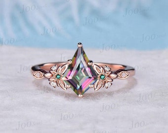Vintage Mystic Topaz Diamond Engagement Ring 14K Rose Gold Floral Emerald Leaf Ring for Women Unique Cluster Art Deco Bridal Wedding Ring