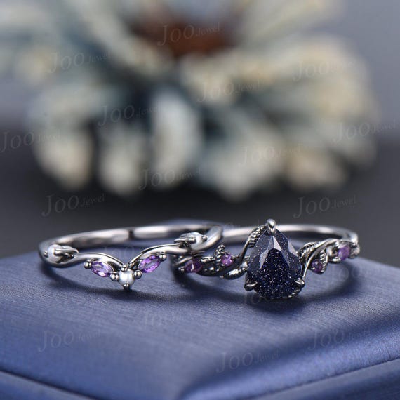 Nature Inspired Pear Galaxy Blue Sandstone Pearl Bridal Set 14k