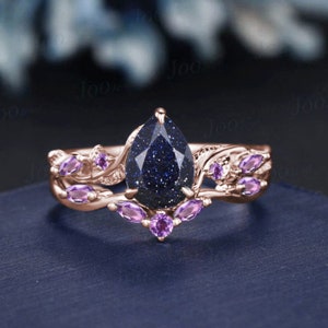 1.25ct Nature Inspired Pear Galaxy Blue Sandstone Amethyst Bridal Set Unique Twig Vine Teardrop Blue Goldstone Black Gold Wedding Ring Set image 5