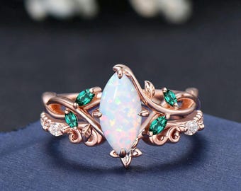 1ct Marquise Cut White Opal Leaf Flower Bridal Ring 14k Rose Gold Branch Engagement Ring Emerald Opal Infinity Floral Wedding Ring for Women