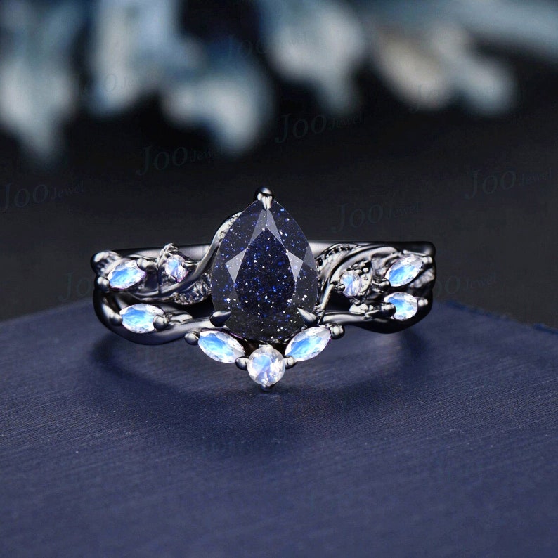 1.25ct Nature Inspired Pear Galaxy Blue Sandstone Amethyst Bridal Set Unique Twig Vine Teardrop Blue Goldstone Black Gold Wedding Ring Set Moonstone