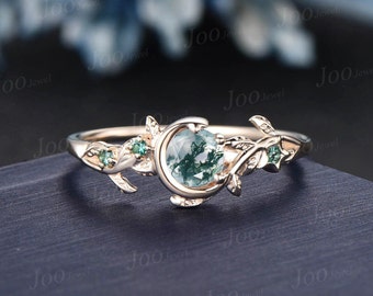 Anillo de ágata musgosa natural inspirado en la naturaleza, diseño de luna y estrella, estilo vintage, anillo de compromiso redondo de ágata musgosa de 1 ct, esmeralda verde hoja, delicado anillo de boda
