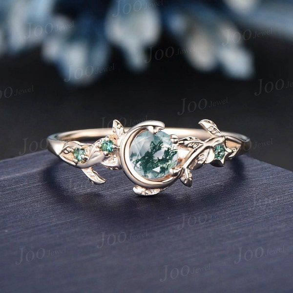 Nature Inspired Natural Moss Agate Ring Moon Star Design Vintage 1ct Round Moss Agate Engagement Ring Leaf Green Emerald Dainty Wedding Ring