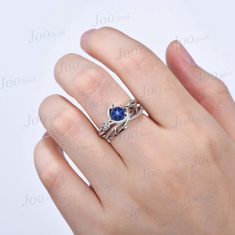 Round Star Sapphire Engagement Ring Moon Star Design Nature Inspired ...