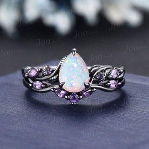 Nature Inspired Opal Engagement Ring Twisted Band 1.25ct Pear Cut Opal Amethyst Branch Vine Wedding Ring Set Black Gold Ring Set for Women