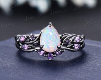 Naturinspirerad opal förlovningsring tvinnad band 1,25 karat päronslipad opal ametist gren vinranka vigselring set svart guld ring set för kvinnor