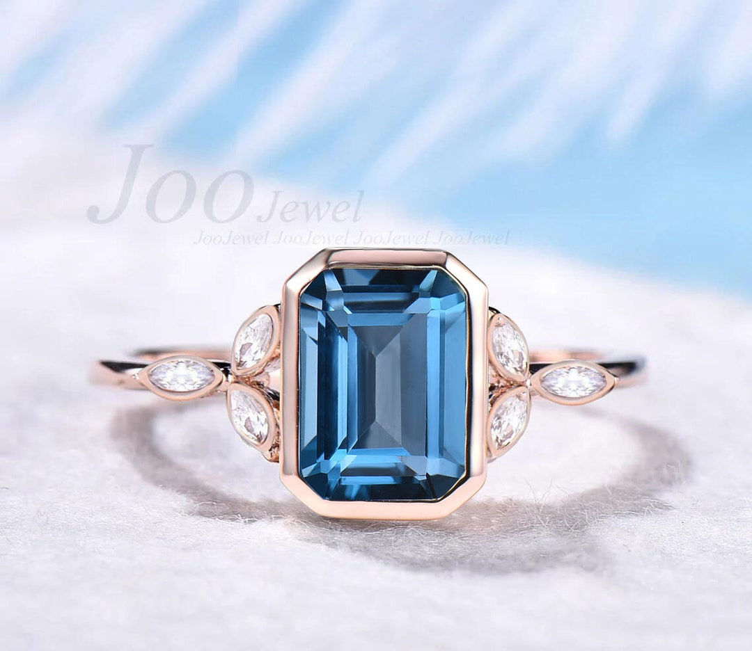 Bezel Set Engagement Ring 14K Rose Gold Emerald Cut Natural London Blue ...