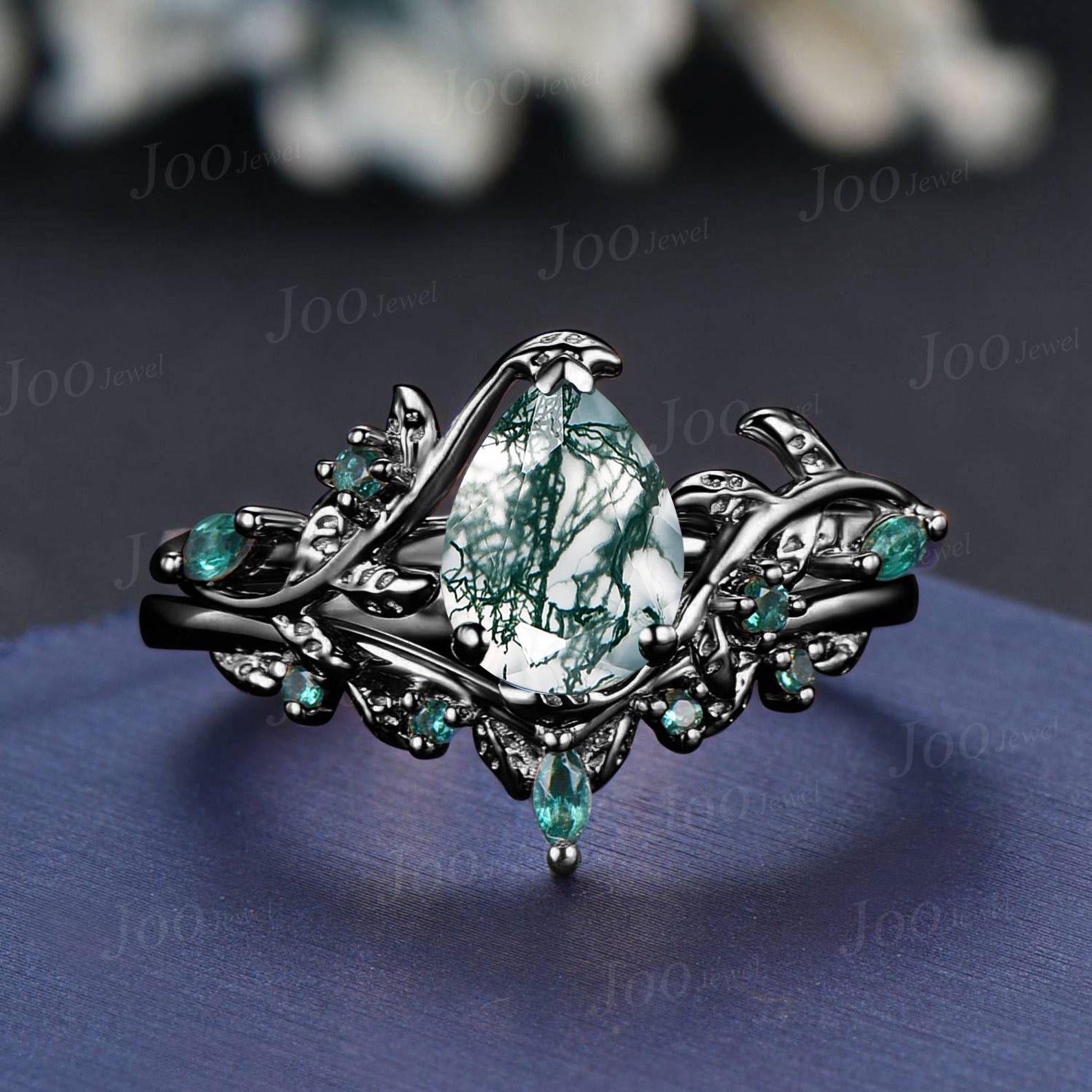 Natural Green Moss Agate Emerald Twig Vine Engagement Ring Set