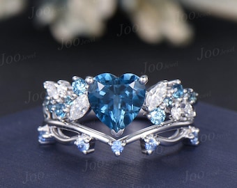 Heart Cut London Blue Topaz Bridal Ring Cluster Swiss Blue Topaz Ring Natural Cornflower Sapphire Wedding Band 14k White Gold Promise Rings