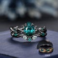 Nature Inspired Pear Shaped Green Emerald Engagement Ring Set 1.25ct Twig Branch Vine Emerald Moss Agate Wedding Band Teardrop Emerald Ring