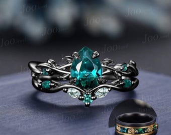 Twig Vine Green Emerald Bridal Set Antique 10K Black Gold Wedding