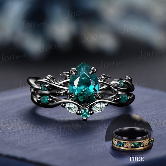 Nature Inspired Pear Shaped Green Emerald Engagement Ring Set Twig  Branch Vine Emerald Moss Agate Wedding Band Teardrop Emerald Ring