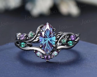 Fireworks Cut Marquise Color Change Alexandrite Engagement Ring Black Gold Wedding Ring Set Emerald Amethyst Leaf Vine Bridal Ring for Women