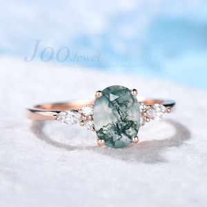 Oval Natural Green Moss Agate Engagement Ring Rose Gold Cluster Aquatic Agate Promise Ring