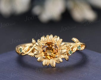 Sunflower Citrine Wedding Ring Solid 10K Gold Round Natural Citrine Emerald Leaf Floral Engagement Ring for Women November Birthstone Gifts