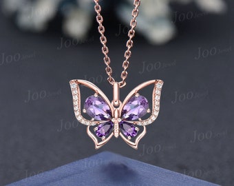 Teardrop Real Amethyst Butterfly Necklace Vintage 14K Rose Gold Vintage Purple Crystal Pendant Unique February Birthstone Gifts For Daughter