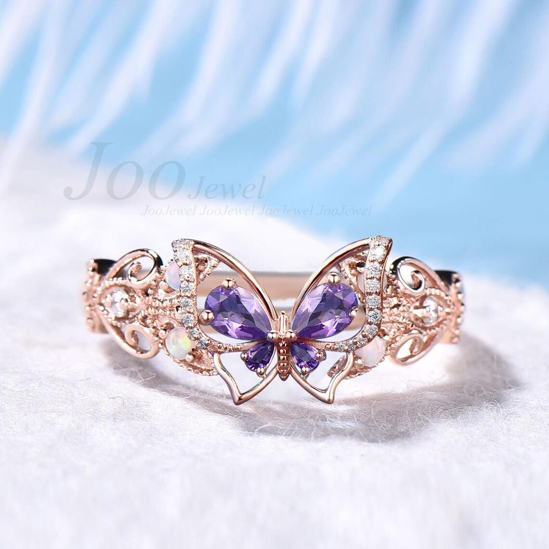 Unique Amethyst Opal Butterfly Engagement Ring 14K Solid Rose Gold ...