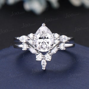 Pear Lab Grown Diamond Engagement Ring Set With IGI Certificate Vintage Diamond Ring Set Marquise Moissanite Ring Unique Diamond Bridal Set image 1