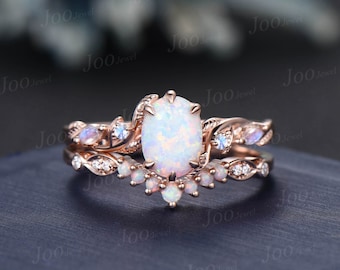 Twig Branch White Opal Ring Set 10K Rose Gold 1.5ct Oval Cut Nature Opal Moonstone Engagement Ring Opal Wedding Band October Birthstone Gift