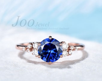 Silver September Birthstone Ring 1ct Blue Sapphire Engagement Ring Vintage Round Diamond Promise Ring Simple Ring With Stone Proposal Ring