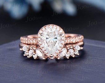 Delicate Moissanite Diamond Bridal Set 10k Rose Gold Open Ring Vintage Pear Halo Moissanite Engagement Ring Half Eternity Wedding Ring Sets