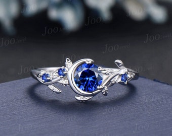 5mm Nature Inspired Natural Blue Sapphire Wedding Ring  Vintage Moon Star Round Sapphire Engagement Ring September Birthstone Birthday Gift