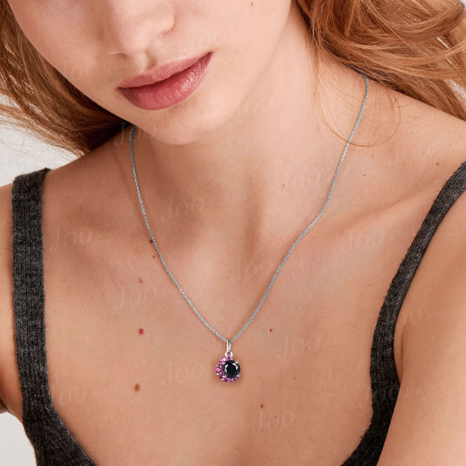 Round Cut Natural Black Onyx and Ruby Necklace Sterling