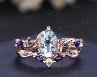 Pear Shaped Natural Aquamarine Engagement Ring Set Rose Gold Leaf Branch Nature Inspired Aquamarine Wedding Ring Set for Women Jewelry Gifts