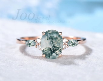 1.5ct Oval Cut Natural Moss Agate Engagement Rings Rose Gold Silver Cluster Aquatic Agate Promise Ring Marquise Moss Moissanite Wedding Ring