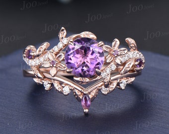 Nature Inspired Flower Real Amethyst Ring Set Round Amethyst Diamond Ring Vintage 14K Rose Gold Leaf Branch February Birthstone Bridal Set