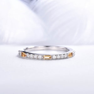 Baguette Cut Citrine Wedding Ring,citrine and diamond  wedding band,white gold anniversary rings for her,stackable birthstone promise rings