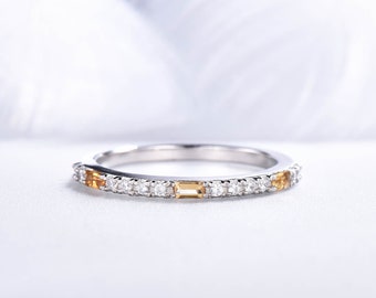 Baguette Cut Citrine Wedding Ring,citrine and diamond  wedding band,white gold anniversary rings for her,stackable birthstone promise rings