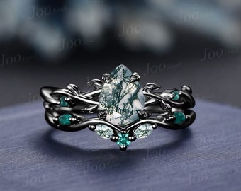 14K Black Gold Natural Green Moss Agate Emerald Engagement Ring Set 1.25ct Twig Vine Pear Moss Agate Wedding Ring Goth Black Promise Rings