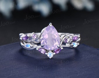 Nature Inspired Lavender Amethyst Moonstone Bridal Set Twig Vine Pear Engagement Ring February Birthstone Romantic Birthday/Wedding Gifts
