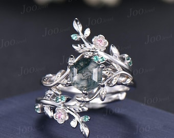 Hexagon Cut Natural Moss Agate Leaf Wedding Ring Women Floral Stacking Ring Enhancer Wedding Band Leaf Vine Matching Band Bridal Branch Ring