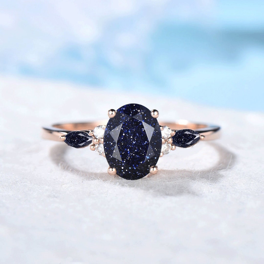 Sterling Silver 1.5ct Galaxy Starry Sky Blue Sandstone Ring Oval ...