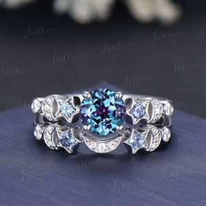 Moon Star Engagement Ring Sterling Silver Round Color-Change Alexandrite Bridal Set Alexandrite Celestial Wedding Ring Crescent Moon Ring