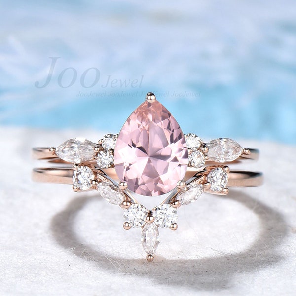 1.25ct Pear Shaped Morganite Engagement Ring Set Sterling Silver Pink Morganite Ring Marquise CZ Diamond Ring For Women Crystal Bridal Ring