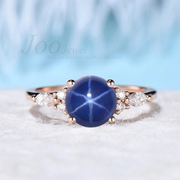 7mm Round Cut Star Sapphire Engagement Ring Sterling Silver Cabochon Blue Star Wedding Ring Blue Gemstone Jewelry Unique Promise Gift Women