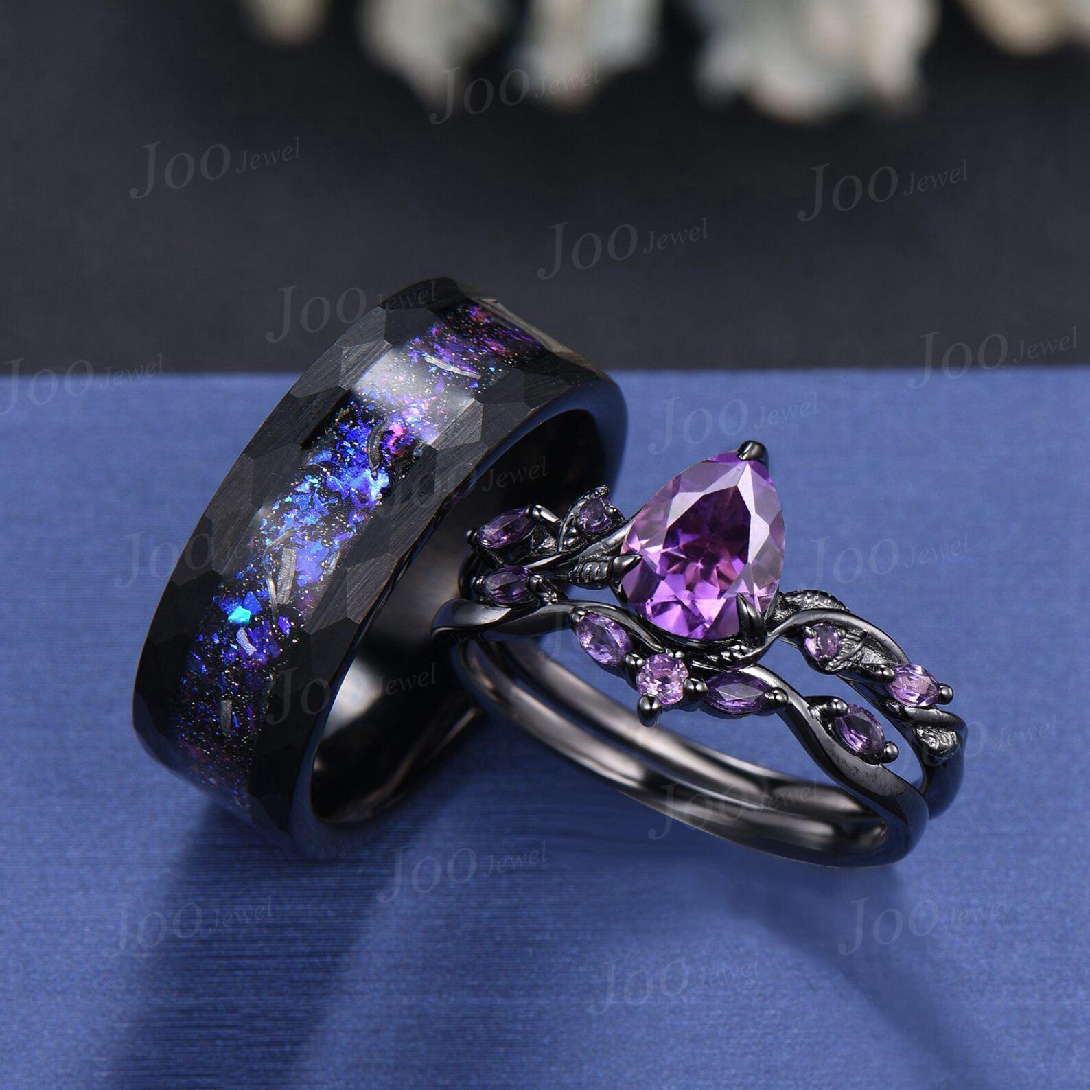 1.25ct Teardrop Cut Natural Purple Amethyst Twig Vine Couples Ring Set ...